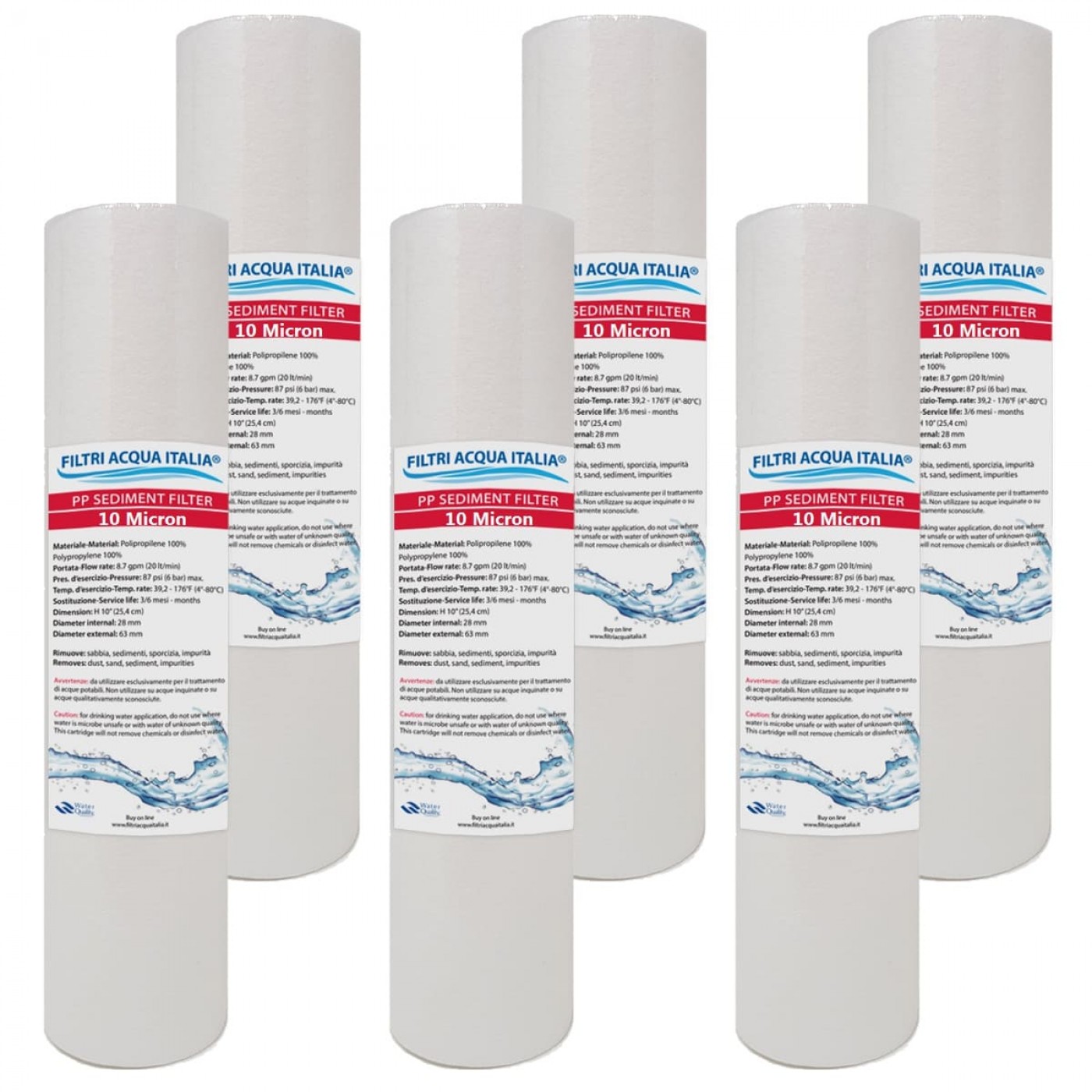 CARTUCCIA ACQUA SEDIMENTI 10" micron 10 Polipropilene Set 6 Pezzi