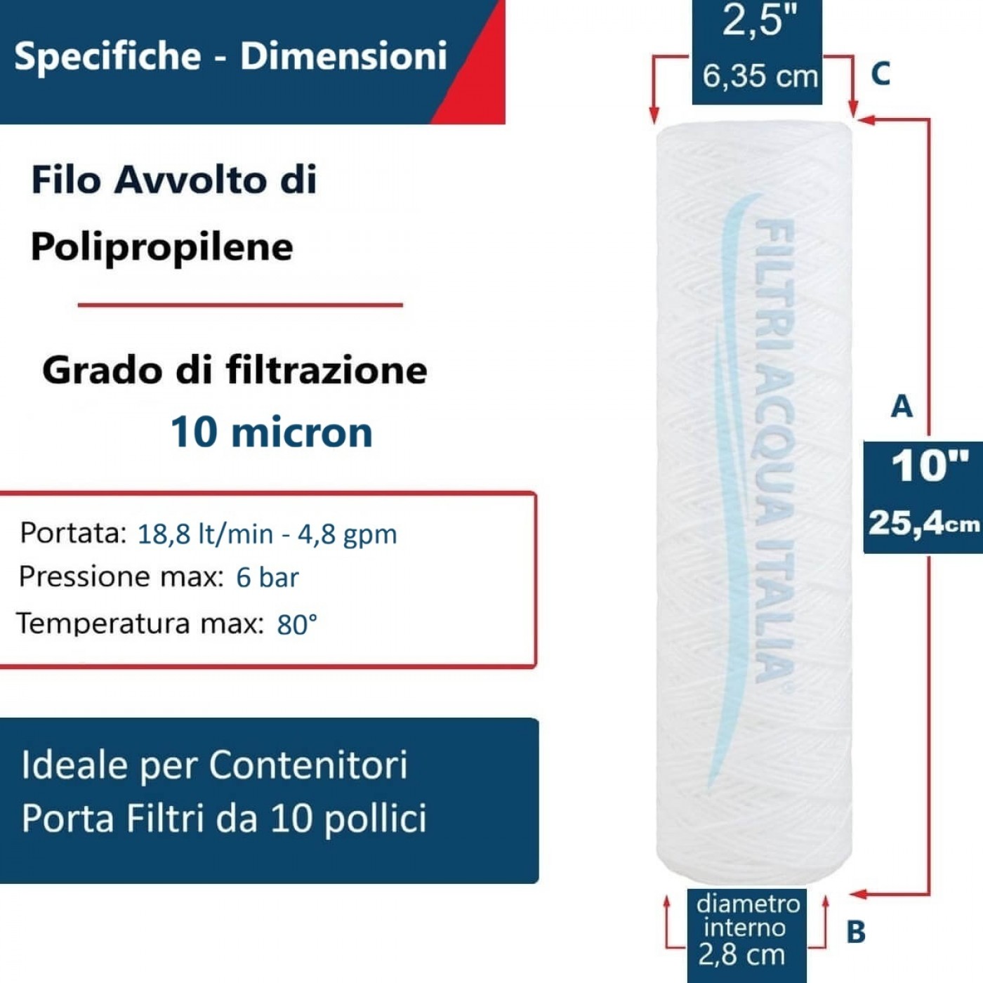 CARTUCCIA A FILO AVVOLTO DI POLIPROPILENE SEDIMENTI 10" micron 10