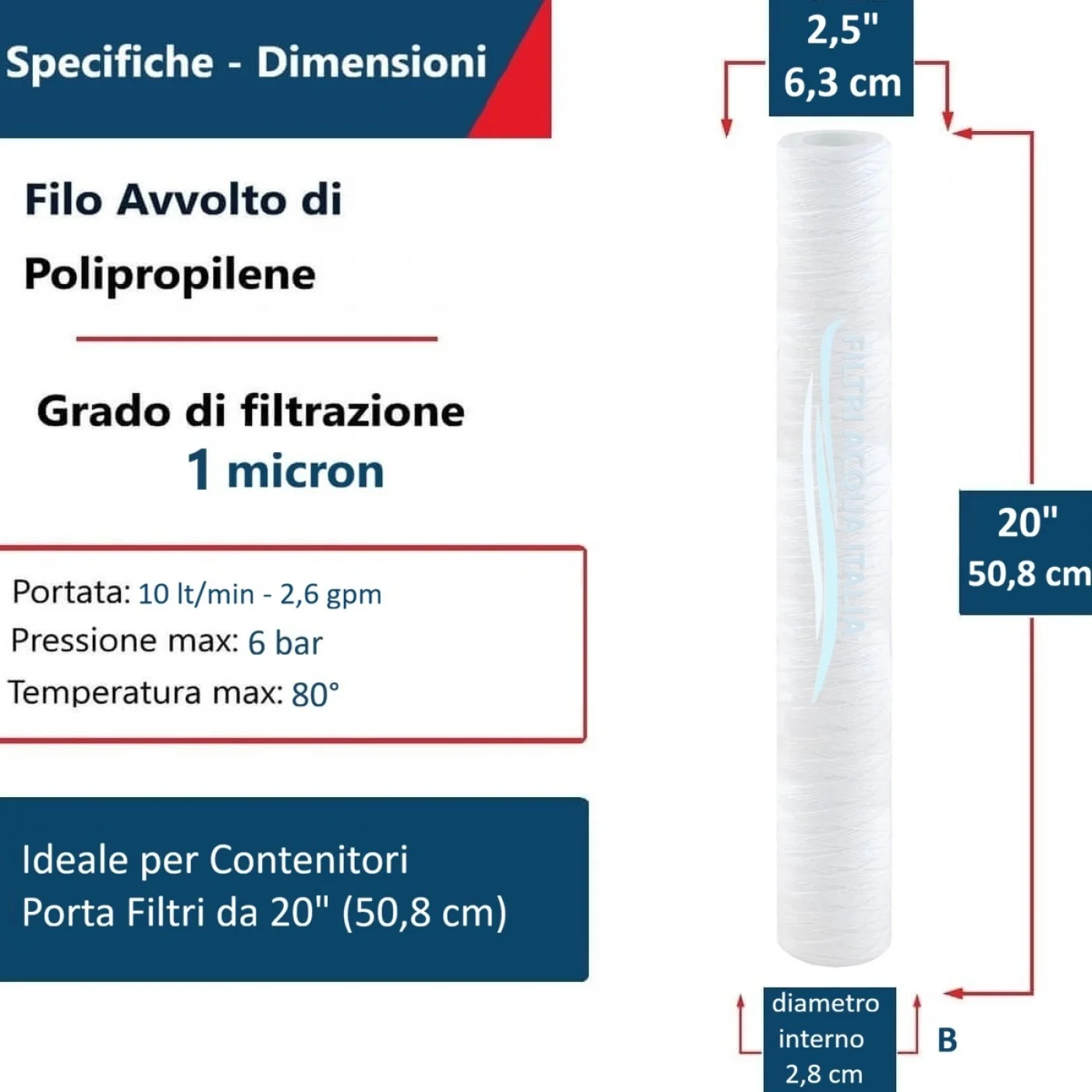 CARTUCCIA A FILO AVVOLTO DI POLIPROPILENE SEDIMENTI 20" micron 1 CARTUCCIA A FILO AVVOLTO DI POLIPROPILENE SEDIMENTI 20" micron 1