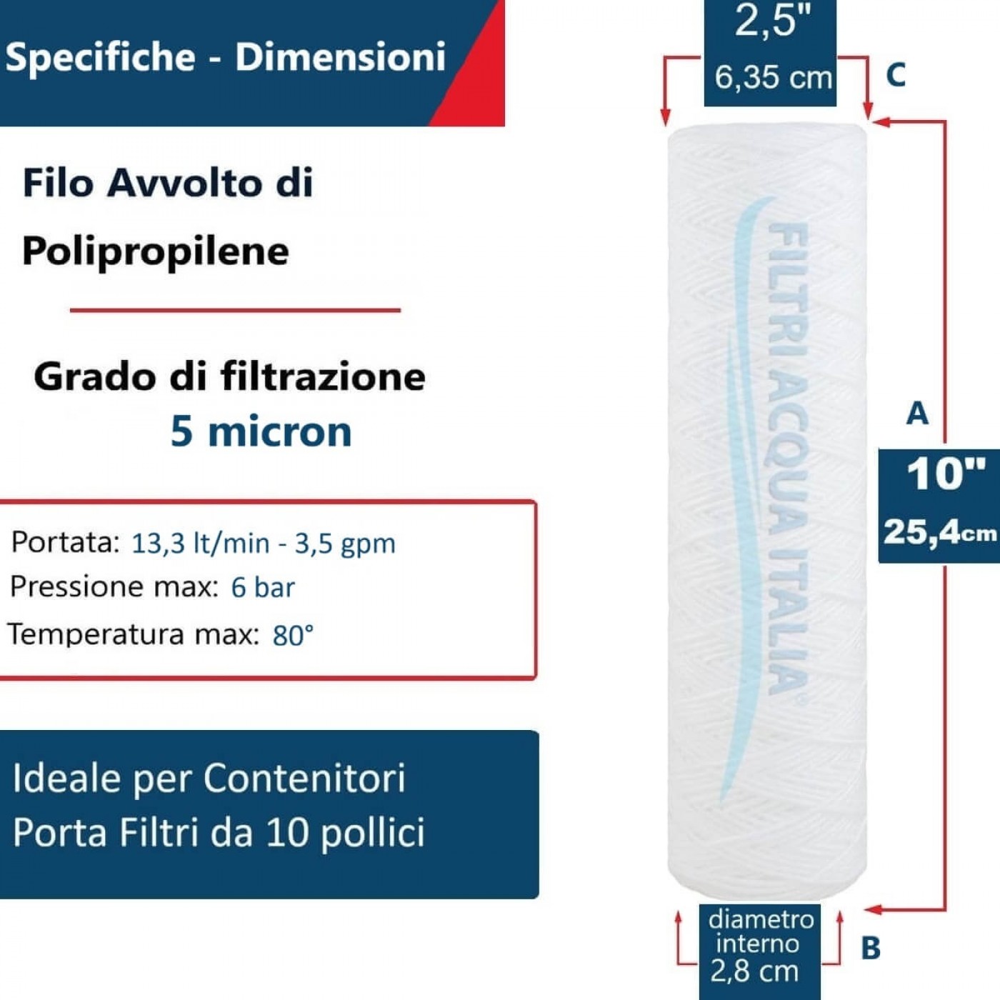 Cartucce Filtranti Filo Avvolto 10' Pollici micron 5 Set 6 Pezzi