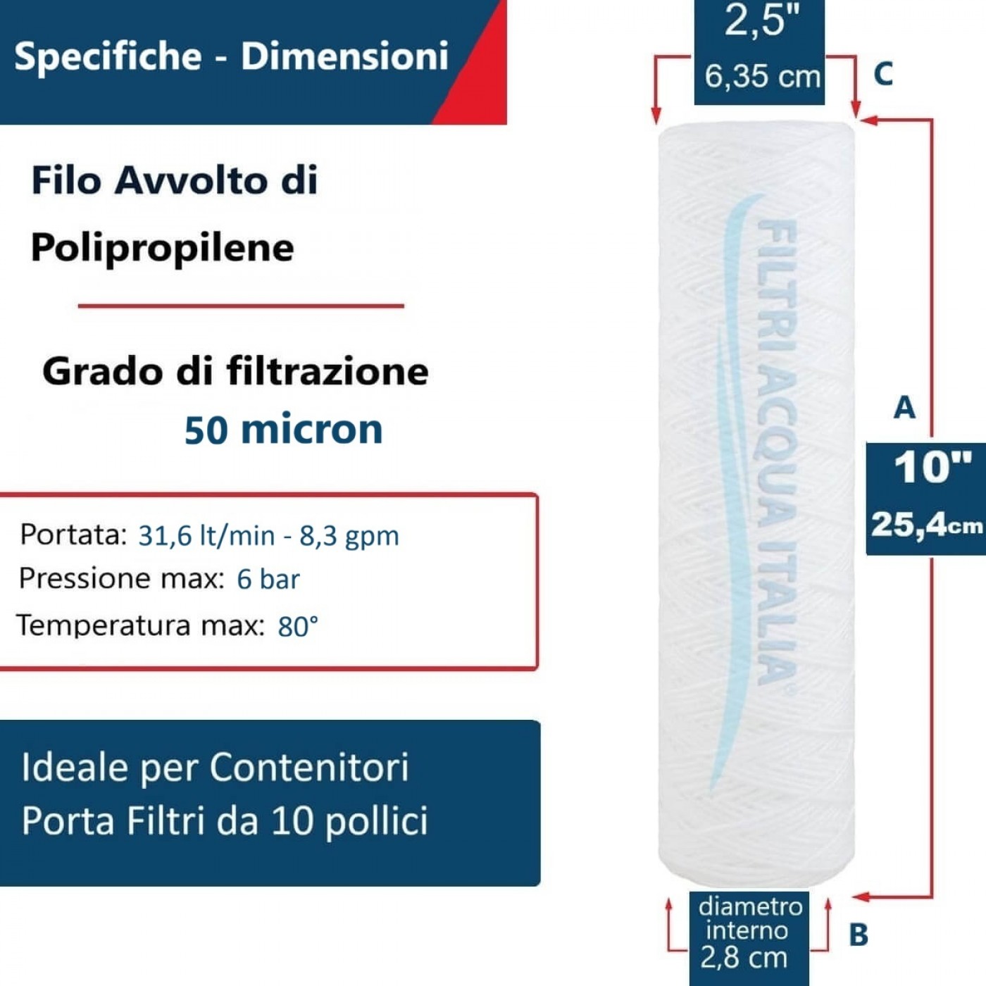 CARTUCCIA A FILO AVVOLTO DI POLIPROPILENE SEDIMENTI 10" micron 50