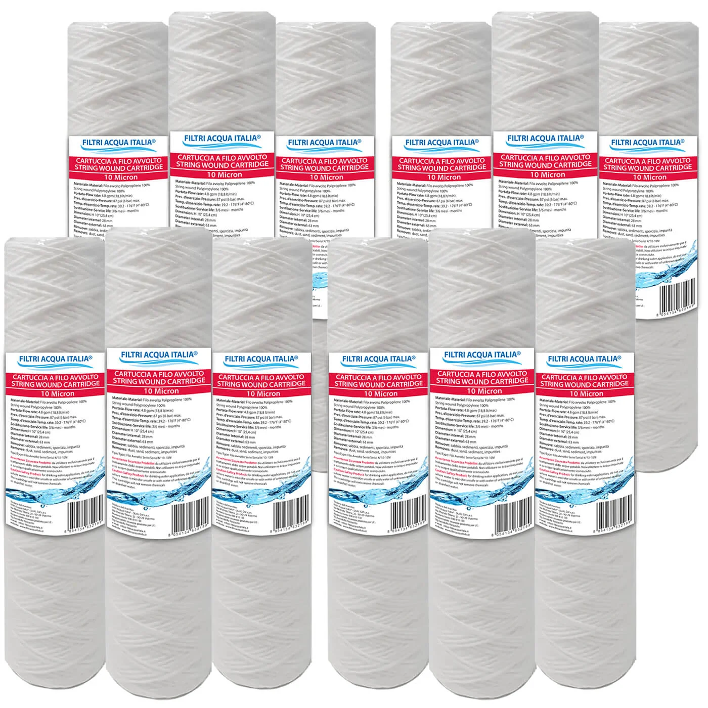 CARTUCCE A FILO AVVOLTO 10 Pollici micron 10 Set 12 Pezzi
