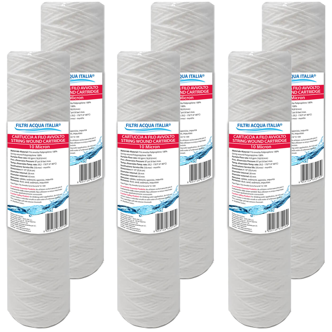 CARTUCCIA FILO AVVOLTO 10 Pollici micron 10 Set 6 Pezzi