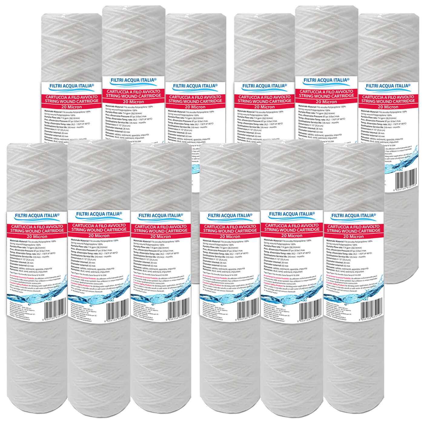 CARTUCCIA A FILO AVVOLTO 10 Poliici micron 20 Set 12 Pezzi