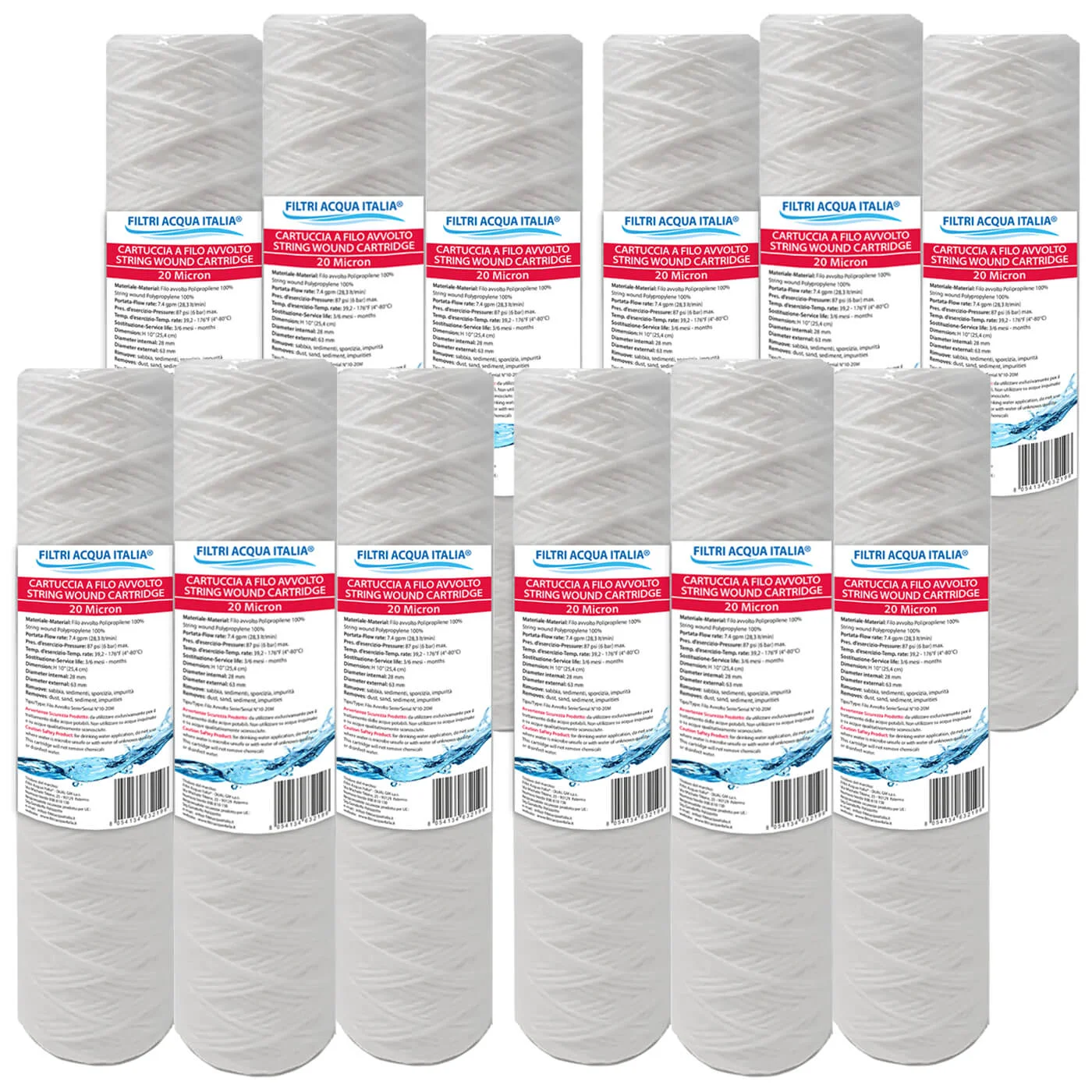 CARTUCCIA A FILO AVVOLTO 10 Poliici micron 20 Set 12 Pezzi