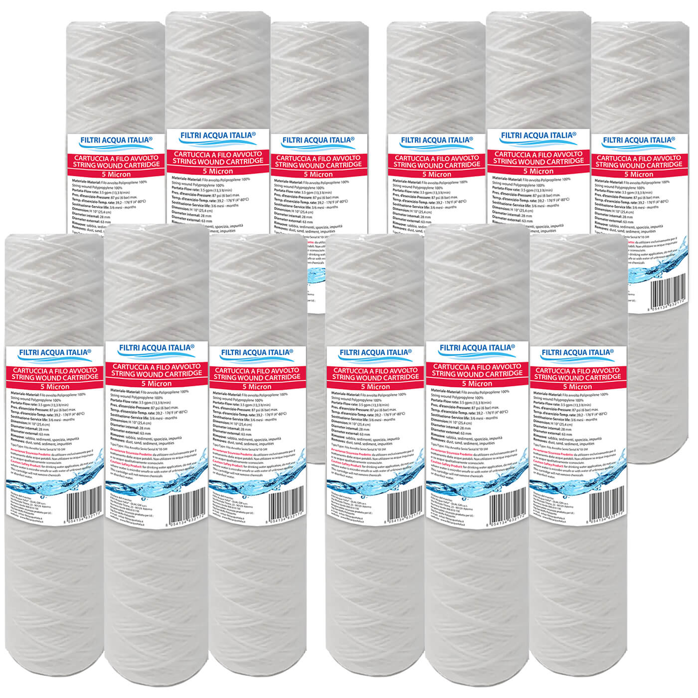 Cartuccia Filtrante Filo Avvolto 10' Pollici micron 5 Set 12 Pezzi