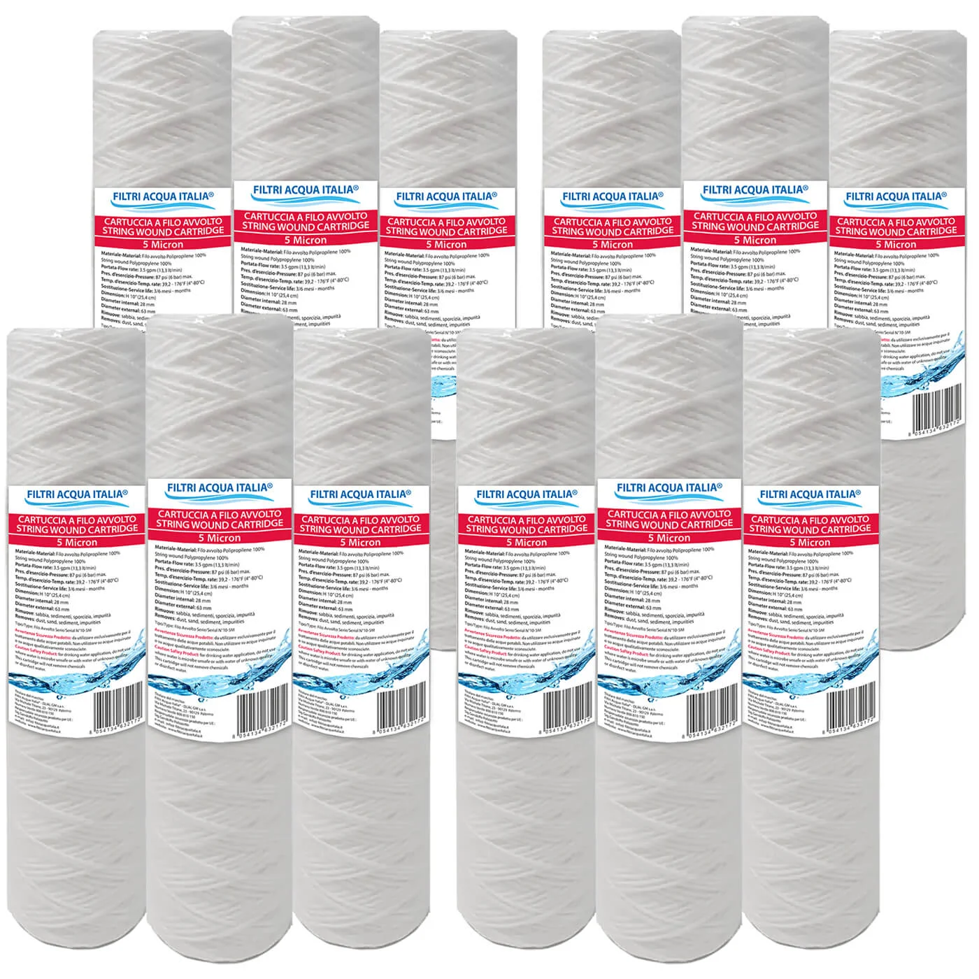 Cartuccia Filtrante Filo Avvolto 10' Pollici micron 5 Set 12 Pezzi Cartuccia Filtrante Filo Avvolto 10' Pollici micron 5 Set 12 Pezzi