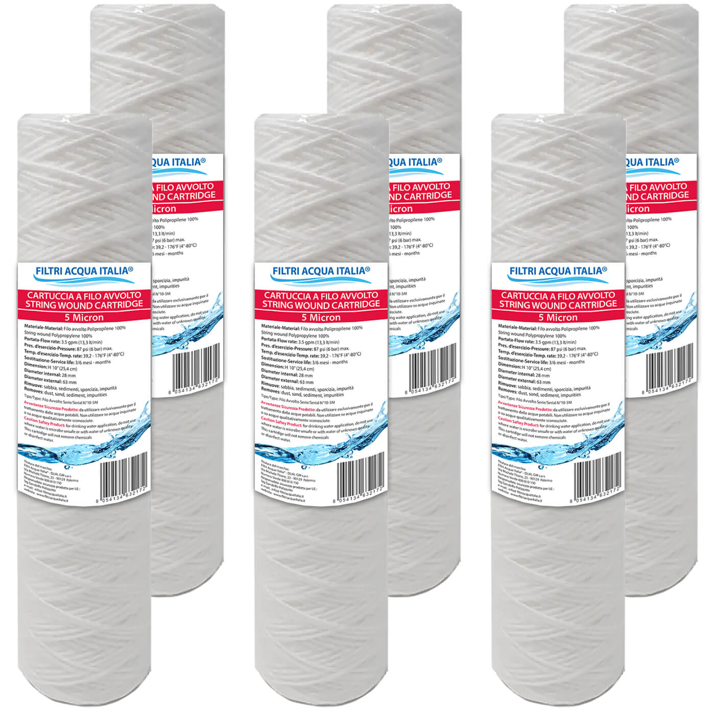 Cartucce Filtranti Filo Avvolto 10' Pollici micron 5 Set 6 Pezzi