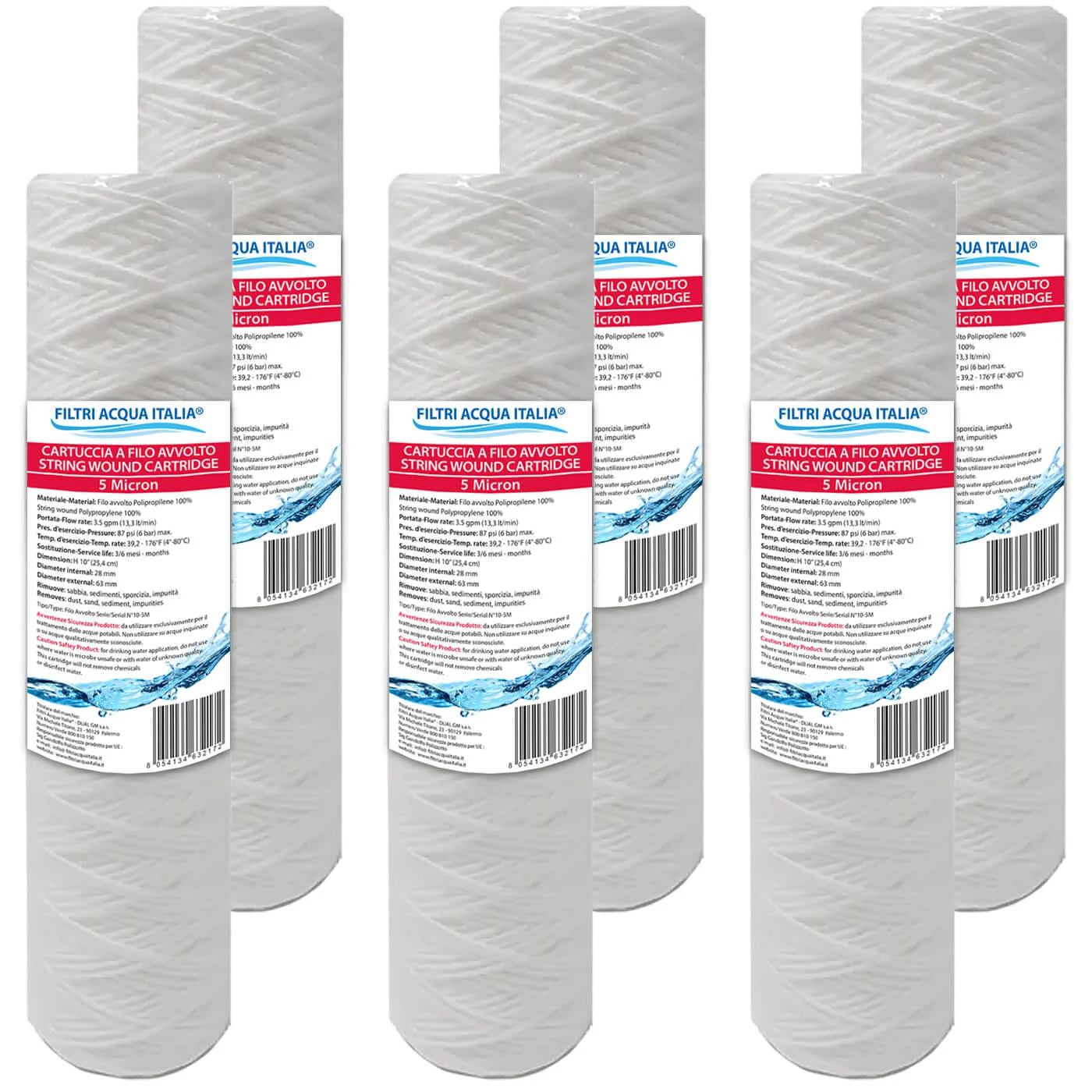 Cartucce Filtranti Filo Avvolto 10' Pollici micron 5 Set 6 Pezzi