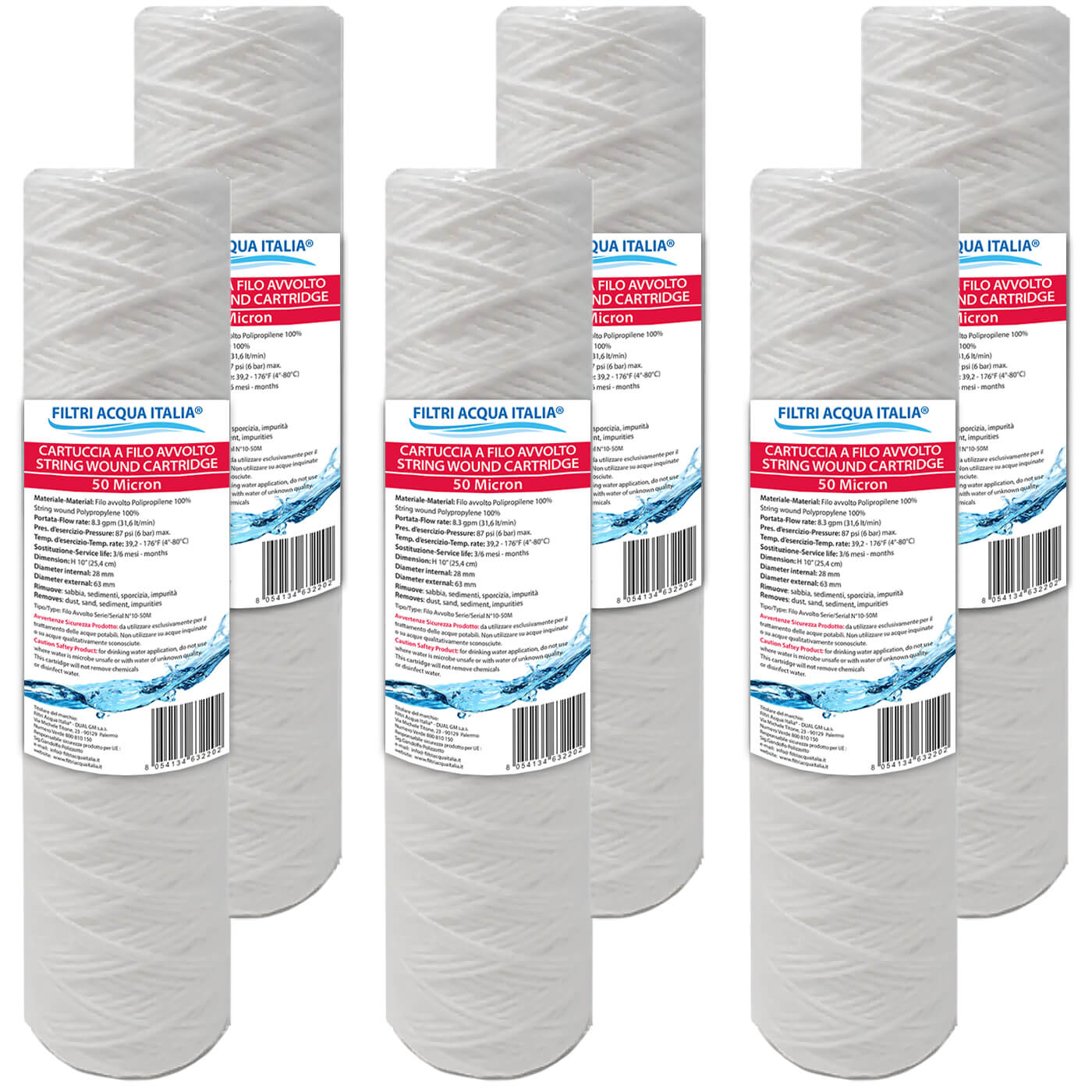 CARTUCCIA A FILO AVVOLTO 10 Pollici micron 50 Set 6 Pezzi