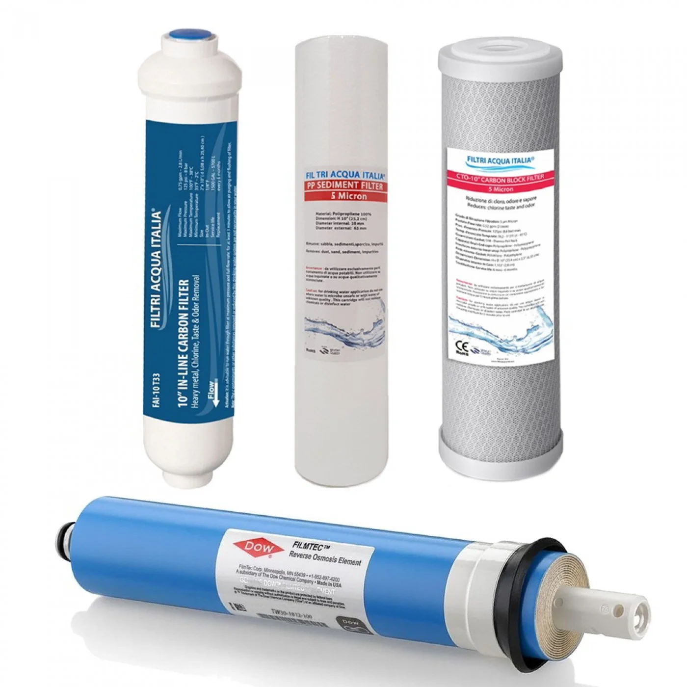 Kit Filtri Osmosi Inversa 10" Micron 5 con Membrana 100 GPD Set 4 Pz. Kit Filtri Osmosi Inversa 10" Micron 5 con Membrana 100 GPD Set 4 Pz.