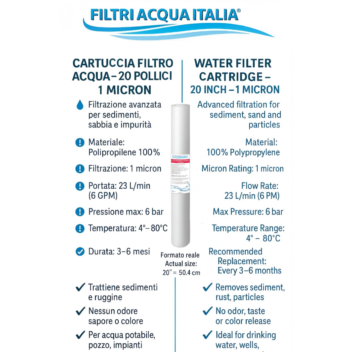 FILTRO ACQUA POLIPROPILENE 20" MICRON 1