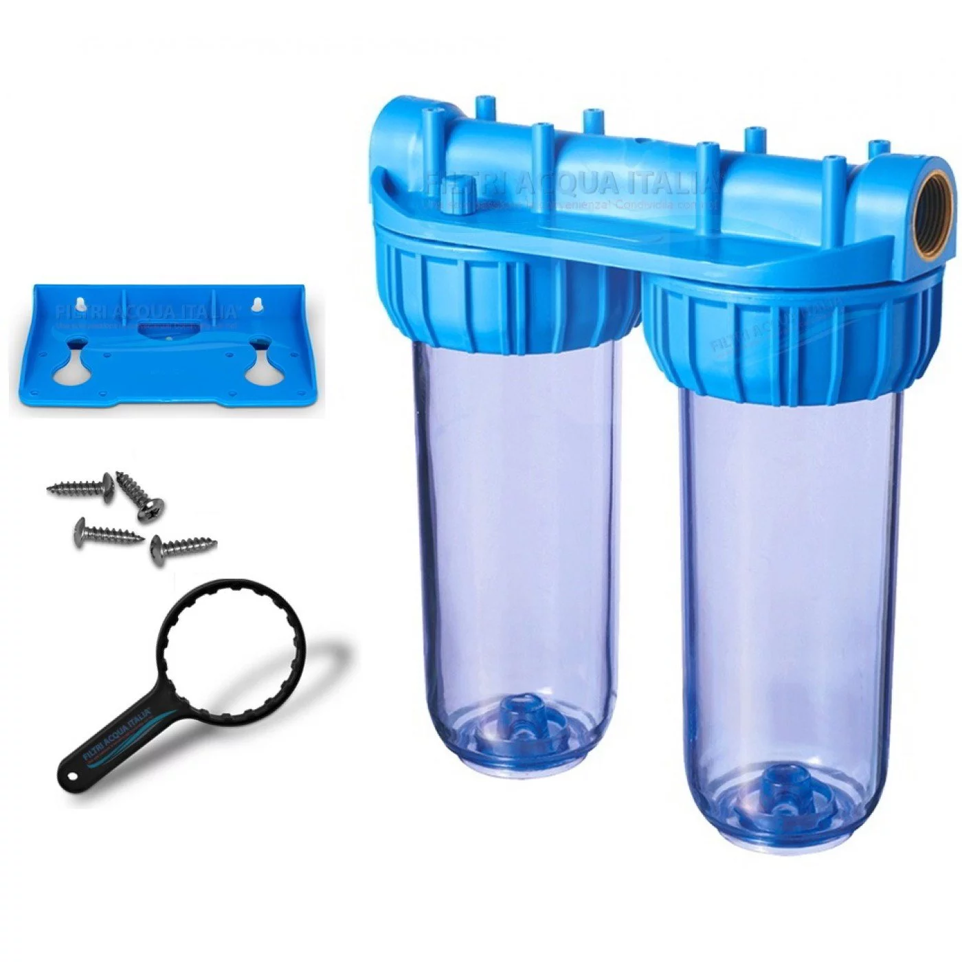 CONTENITORE DOPPIO PER FILTRO ACQUA 10" ATTACCO 1" CON STAFFA E CHIAVE CONTENITORE DOPPIO PER FILTRO ACQUA 10" ATTACCO 1" CON STAFFA E CHIAVE