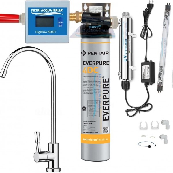 EVERPURE KIT 4DC CON STERILIZZATORE UV TESTA QL2B CONTALITRI DIGITALE E RUBINETTO