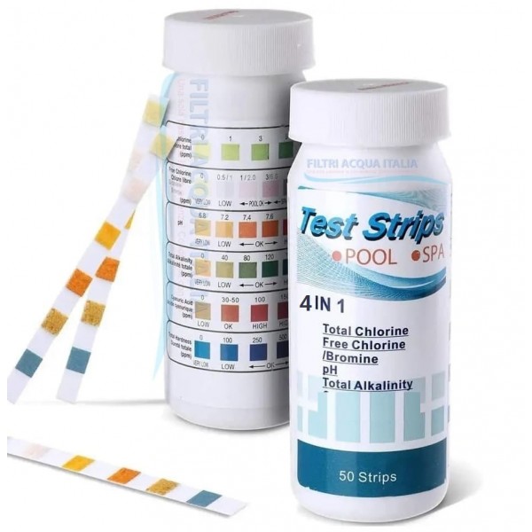 Strip Test 4 in 1 – 50 Strisce per Analisi  Acqua Cloro Bromo pH Alcalinità
