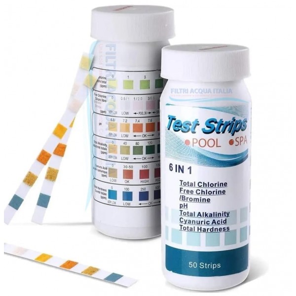 Strip Test 6 in 1 – 50 Strisce per Analisi dell’Acqua Cloro, Bromo, pH, Alcalinità, Durezza, Acido Cianurico