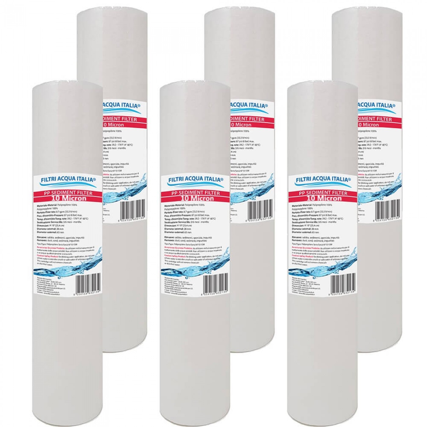 CARTUCCIA ACQUA SEDIMENTI 10" micron 10 Polipropilene Set 6 Pezzi