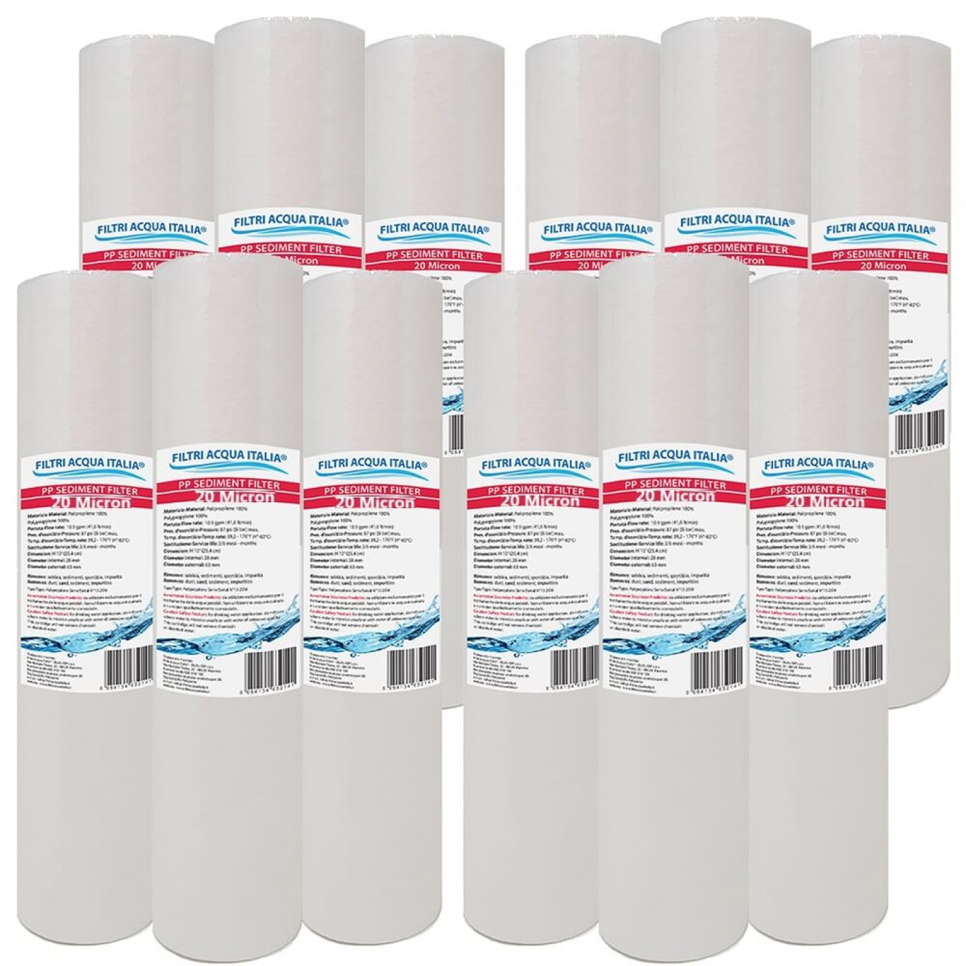 CARTUCCIA SEDIMENTI 10" micron 20 Polipropilene Set 12 Pezzi