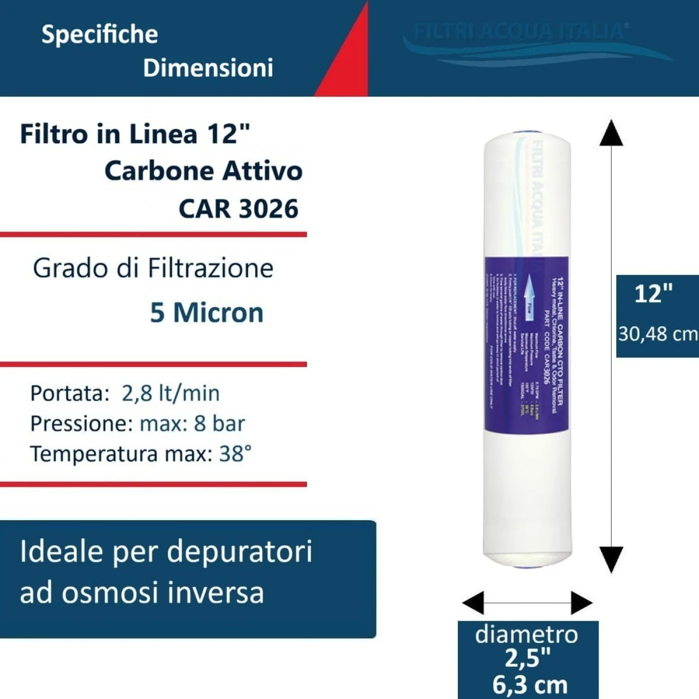 FILTRO IN LINE CAR3026 CARBONE 12 Pollici Attacco 1/4 FPT