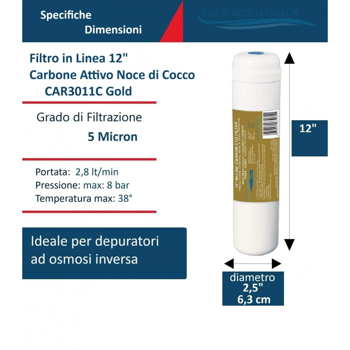 Filtro in Linea CAR 3011C Gold Carbon Block CTO 12 Pollici Filtro in Linea CAR 3011C Gold Carbon Block CTO 12 Pollici