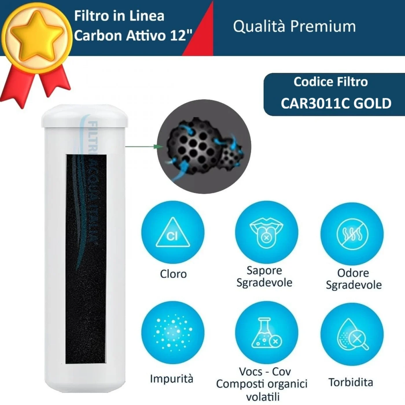 Filtro in Linea CAR 3011C Gold Carbon Block CTO 12 Pollici Filtro in Linea CAR 3011C Gold Carbon Block CTO 12 Pollici