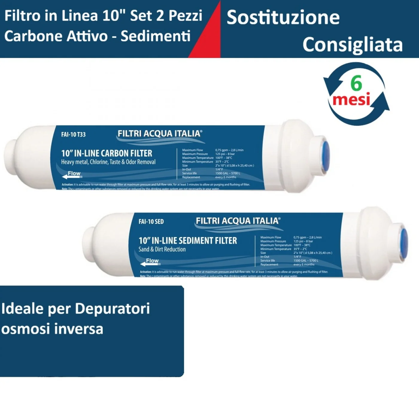 FILTRO IN LINEA CARBONE ATTIVO 2 X 10" T33 e Sedimenti 2 X 10"