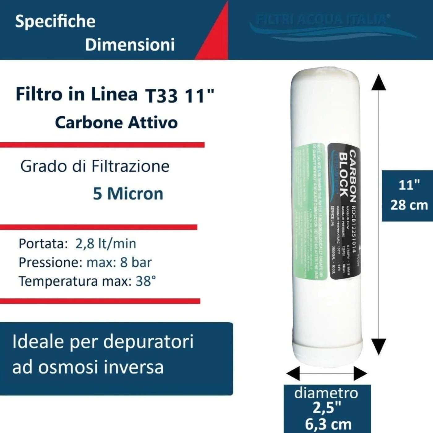 FILTRO T33 IN LINE CARBON BLOCK 2,5” X 11” ATTACCO 1/4” FILTRO T33 IN LINE CARBON BLOCK 2,5” X 11” ATTACCO 1/4”